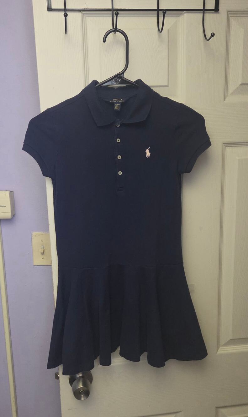 Polo Ralph Lauren Girls M 8-10 Navy Blue Polo Dress Drop Waist Pleated